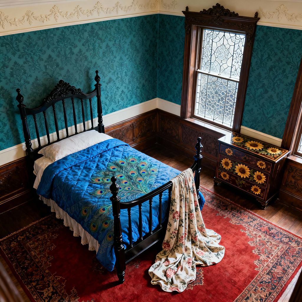 Victorian bedroom with an ebonized spindle single bed placed on a deep red Persian-style rug. The bed is dressed with a bright blue quilt printed with a peacock feather fan and a floral throw. Walls feature teal damask wallpaper above carved dark wood wainscoting and below a cream plaster frieze. Two tall windows with leaded glass and ornate wood surrounds bring in daylight. A small painted chest with sunflower motifs sits beneath the window.
