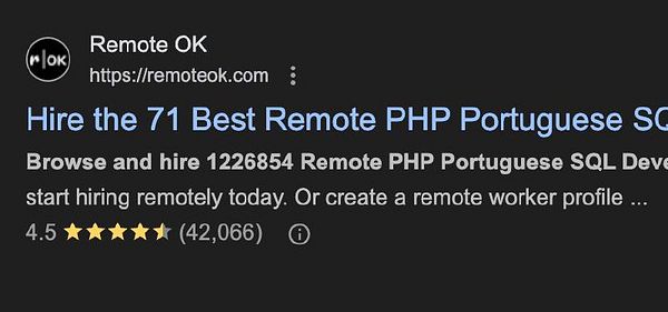 The image displays a search result for Remote OK, highlighting job opportunities for remote PHP developers.