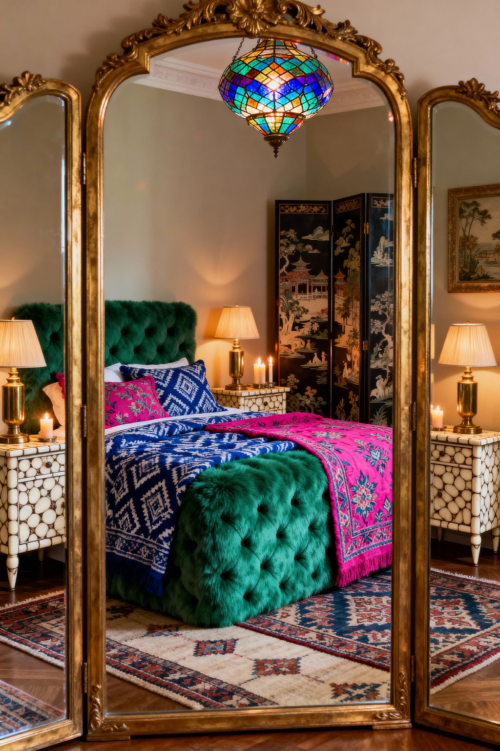 A lavish bedroom, seen through a gilded triptych mirror, centers on an emerald green tufted faux‑fur bed layered with blue‑and‑white ikat bedding and a fuchsia embroidered throw. Bone‑inlay nightstands with brass lamps and candles flank the bed, a jewel‑toned stained‑glass pendant hangs above, patterned vintage rugs cover wood flooring, and a black chinoiserie folding screen and framed art enrich the warm beige walls.