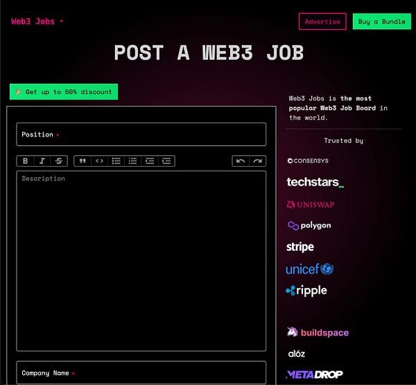 The image displays a web interface for posting a Web3 job, featuring input fields and branding elements.