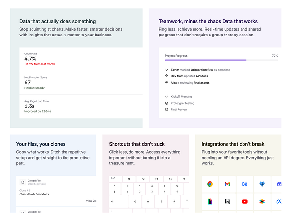 The image displays a user interface showcasing various data metrics and project management features.