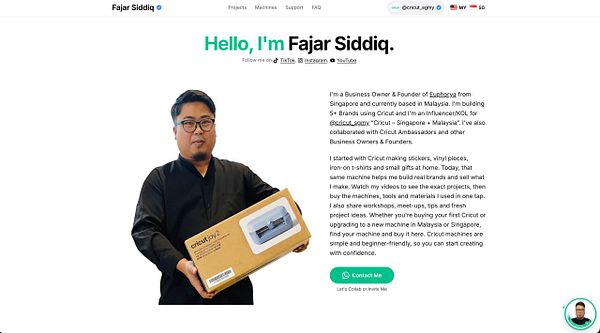 A man named Fajar Siddiq introduces himself on a website, holding a Cricut Joy 2 machine box, with a personal and professional description about his business, collaborations, and Cricut projects.