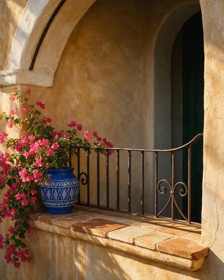 A Mediterranean-style exterior nook with a curved stucco arch, warm tan plaster walls, and a small balcony ledge topped with terracotta tiles. A dark wrought-iron railing fronts a deep green doorway, while bright pink bougainvillea spills beside a cobalt blue ceramic planter.