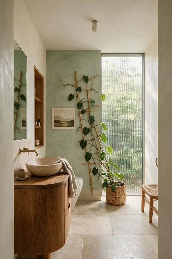 A serene powder room with a rounded wood vanity, a stone vessel sink, and brass faucet beside a wall-mounted mirror. A climbing plant trained on bamboo canes and a woven basket planter bring a natural, biophilic feel, while a tall textured window fills the room with soft daylight.