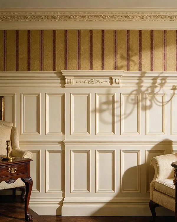 A traditional interior detail featuring cream wainscoting with raised rectangular panels beneath gold and burgundy striped damask wallpaper. Decorative crown molding and a carved frieze add classic elegance, while partial views of upholstered armchairs, a dark wood side table, and warm sunlight complete the formal room setting.
