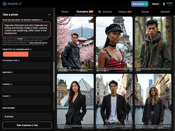 The image displays a user interface for a photo generation tool called Photo AI, showcasing various model prompts and example images.
