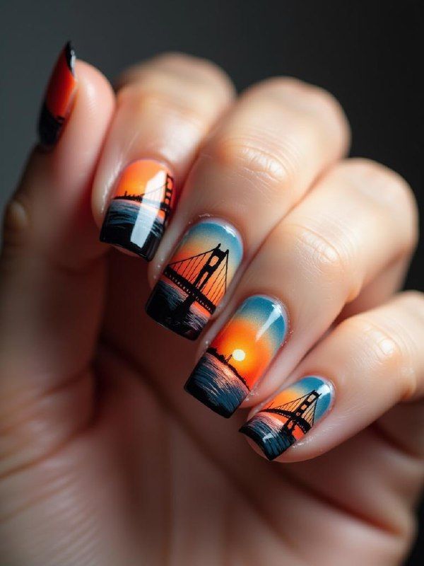 A hand displaying beautifully designed nails featuring a sunset and bridge motif.