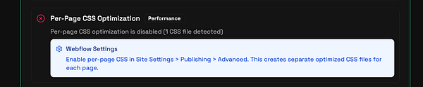 The image displays a user interface for managing per-page CSS optimization settings in Webflow.