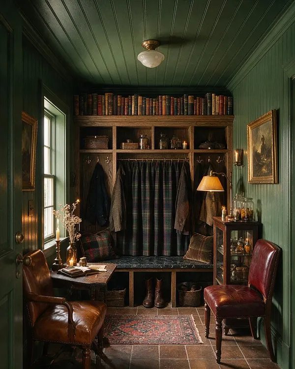 A narrow entryway styled in Dark Academia with deep green paneled walls and ceiling, a built-in oak storage wall lined with books, hooks, and cubbies, and a plaid curtain across the center. Leather chairs, a small desk with candles, framed art, a glass-front cabinet, and warm lamplight create a scholarly, vintage atmosphere.
