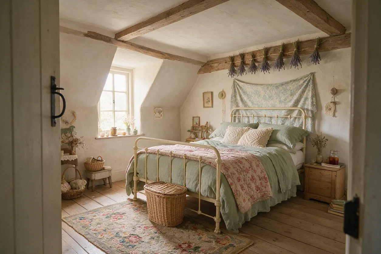 A cozy cottagecore master bedroom with a cream-painted iron bed dressed in sage green bedding and lace pillows. The room features exposed wooden ceiling beams, plaster walls, a floral rug, wicker baskets, a small wooden nightstand, and dried lavender hanging above the bed in warm natural light.