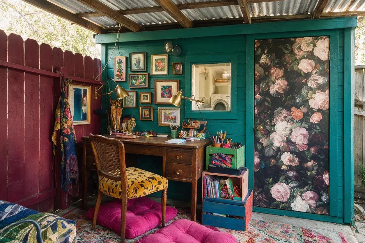 A colorful backyard studio under a corrugated metal roof with teal-painted walls and a deep burgundy fence. The space includes a wooden desk, patterned upholstered chair, framed artwork, brass task lamps, stacked storage crates, and a door covered in large floral wallpaper.