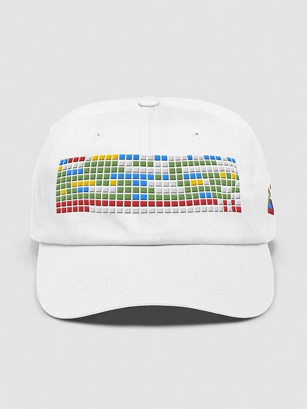 A white baseball cap featuring a colorful pixelated design on the front.