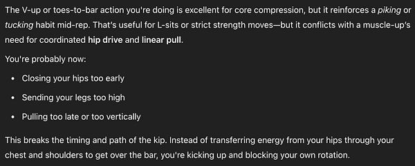 The image contains a detailed explanation about muscle-up technique and common mistakes.