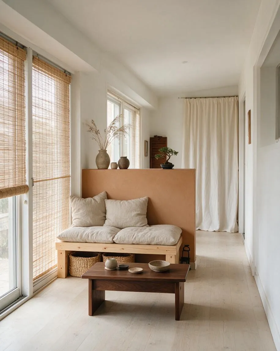 A bright sunroom with white walls, bamboo blinds, and a light wood bench topped with beige cushions and pillows. A small dark wood coffee table sits in front, while neutral curtains, woven baskets, and ceramic decor add a calm Japandi feel.