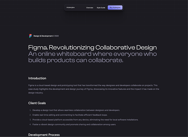 The image displays a Figma case study webpage with a dark theme and structured content.