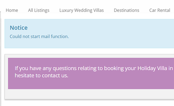 The image displays a web interface with a notice about a mail function error and a contact message.