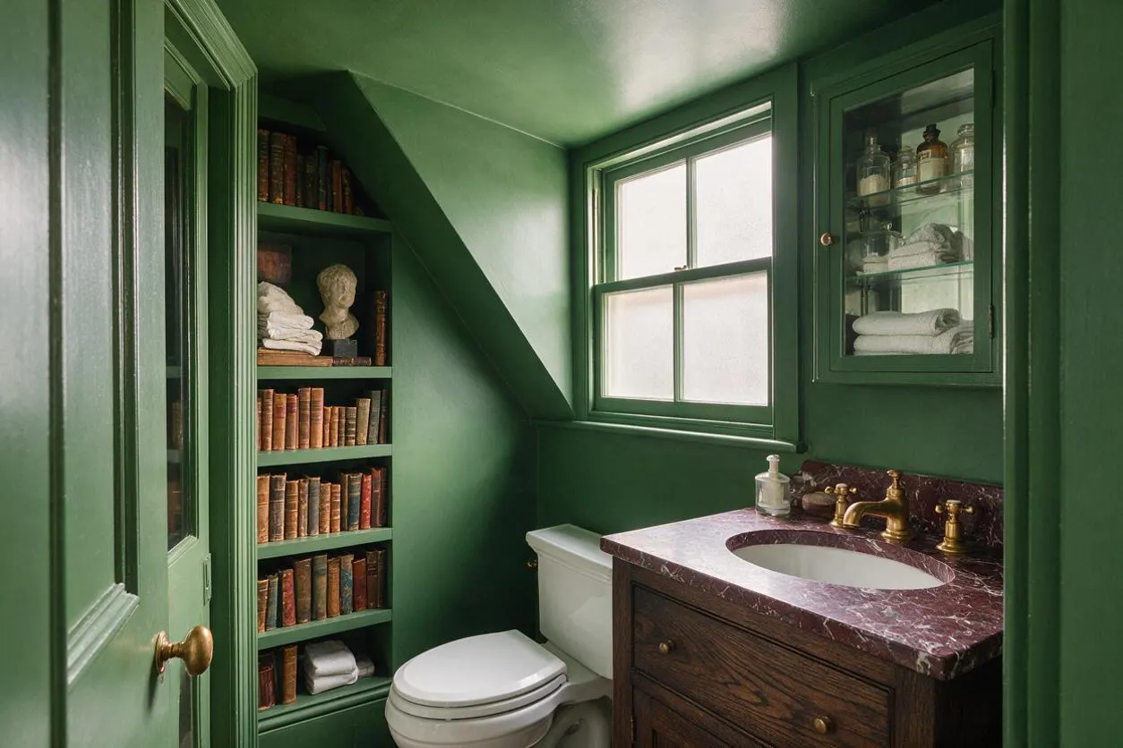 A compact powder room painted deep green, featuring a dark wood vanity with a burgundy marble countertop, brass faucet, and round sink. Built-in shelves beside the toilet hold old books, folded towels, and a classical bust, while a small frosted window and glass-front medicine cabinet add light and storage.