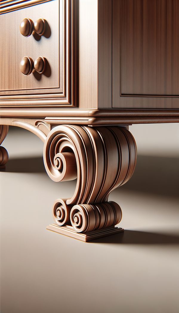 A close-up of an elegant wooden dresser featuring Ogee Bracket Feet, showcasing the distinctive S-shaped curves of the feet against a neutral background.