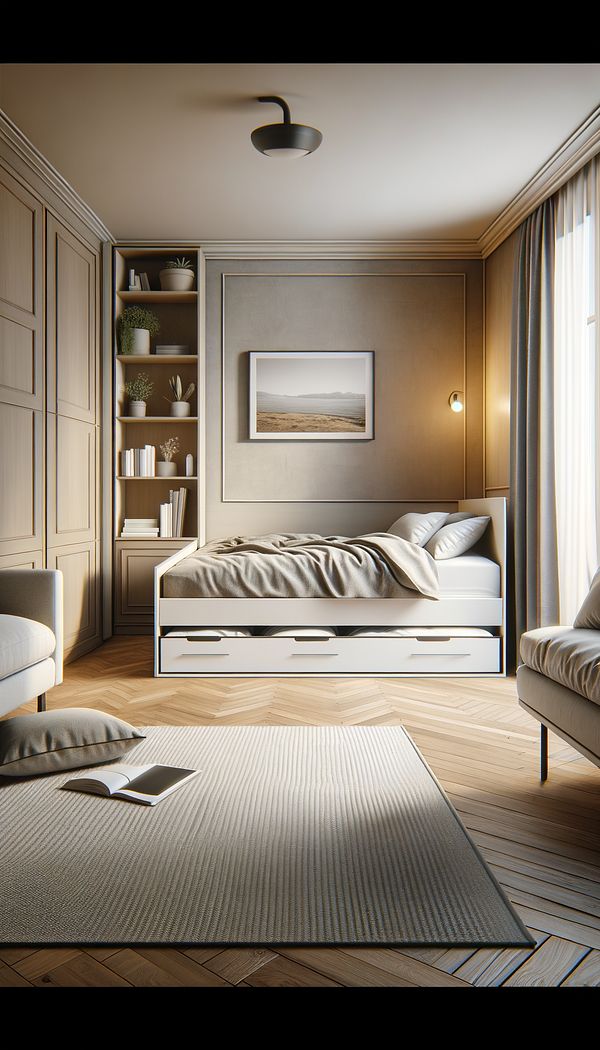 A cozy bedroom featuring a trundle bed with the lower bed partially extended out, showcasing a modern and space-efficient design.