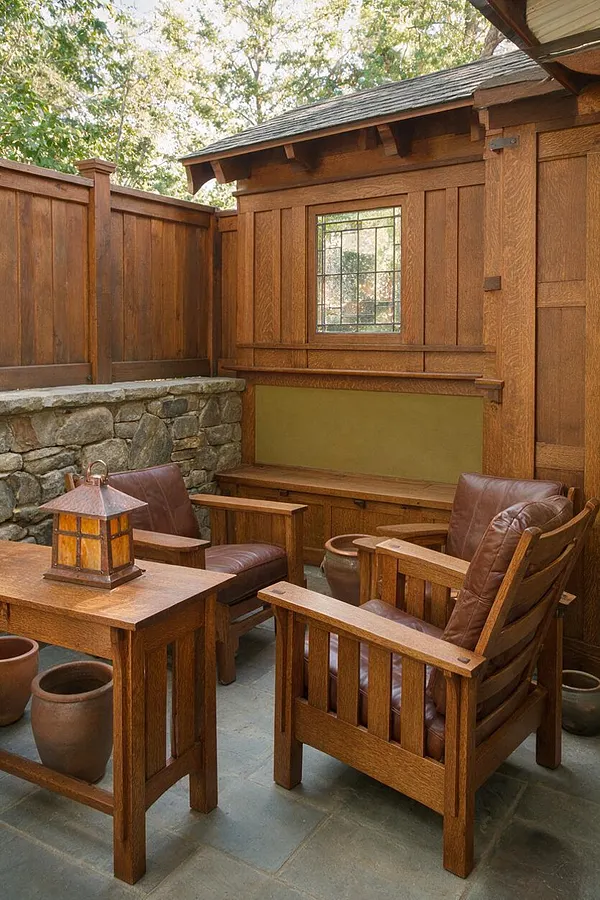 A cozy Craftsman-style backyard seating area with a wooden pergola-like structure, paneled wood walls, and a stone half wall. Two brown leather-cushioned wooden armchairs face a simple wood table with a lantern on top, all set on a stone paver floor with potted clay planters nearby.