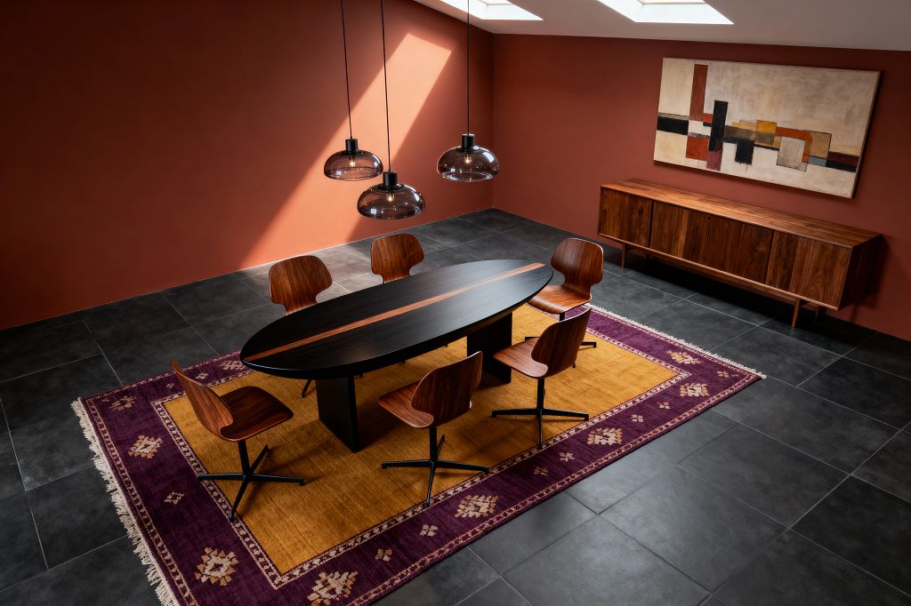 A mid-century modern dining room with a long oval black wood table featuring a central walnut stripe, surrounded by six molded walnut chairs on black swivel bases. Three smoked-glass dome pendants hang above. The room has terracotta walls, a long walnut sideboard, and an abstract geometric artwork. A mustard wool rug with a plum border anchors the setting on large charcoal floor tiles, with daylight streaming from ceiling skylights.