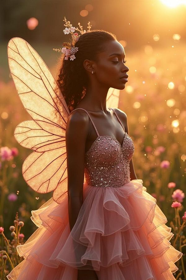 A model dressed as a fairy stands in a sunlit field filled with flowers.