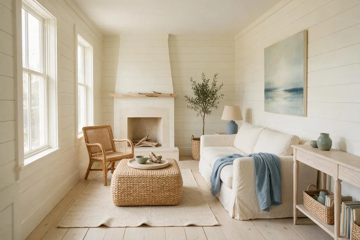 A bright coastal-style sunroom with white shiplap walls, tall windows, and a white sofa accented by a soft blue throw. The room includes a woven wicker chair, a natural fiber ottoman, a pale wood console table, a small white fireplace, and ocean-inspired artwork.