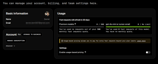 The image displays a user account management interface with account details and usage statistics.