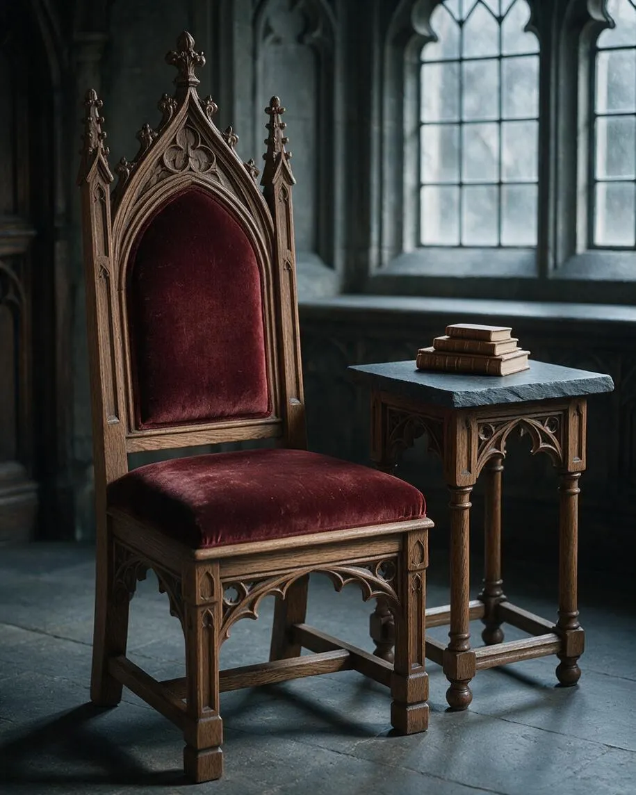 A Gothic-style interior vignette featuring a tall carved wooden chair with a burgundy velvet seat and back, placed beside a small matching side table topped with stacked books. The room has dark stone or plaster walls, a muted floor, and large arched leaded windows that cast cool natural light.