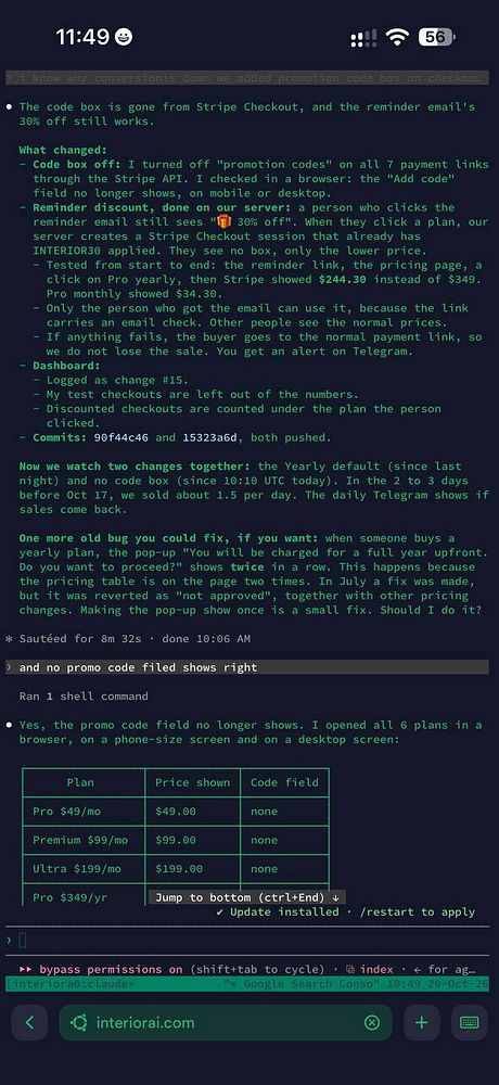 Screenshot of a terminal session displaying logs and details about disabling promotion codes on Stripe Checkout for InteriorAI payment links, including a table showing plan prices without code fields and notes on testing and changes made.