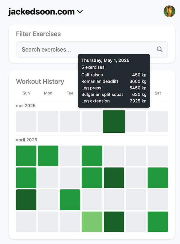 The image displays a workout history interface from a fitness tracking website.