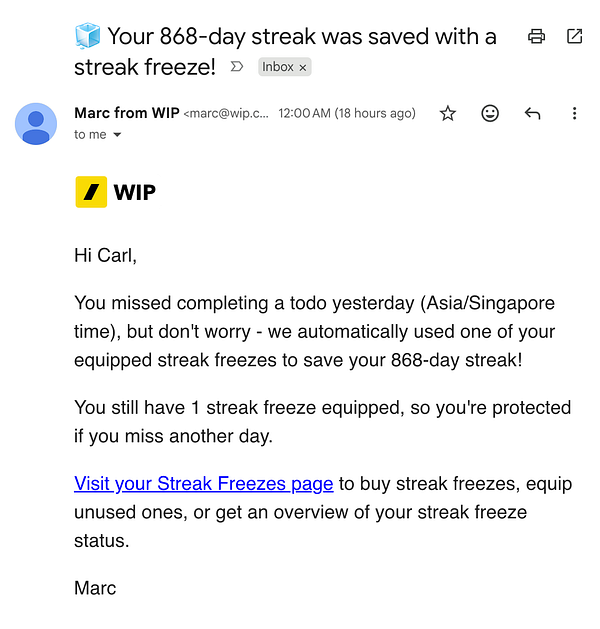 Email notification about saving an 868-day streak using a streak freeze from WIP.