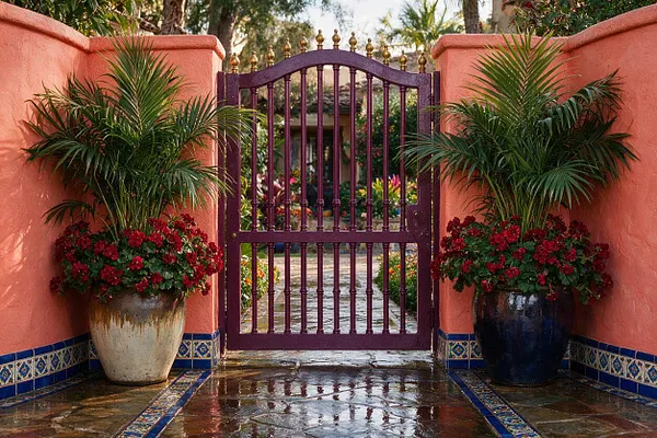 A vibrant courtyard entrance framed by coral stucco walls and a purple wrought-iron gate with gold finials. Large potted palms and red flowering plants flank the gate, while patterned blue tile trim and a wet stone floor add color and texture.
