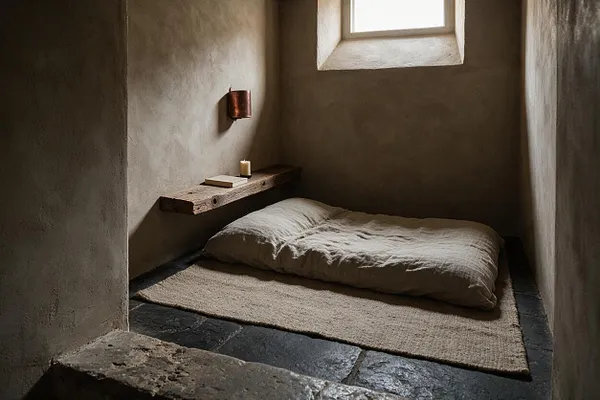 A small guest bedroom with plaster walls, a low bedding arrangement, and a rough wooden shelf mounted beside the bed. The room has a single small window, a candle, a book, and a textured neutral rug on dark stone flooring, creating a quiet, earthy atmosphere.