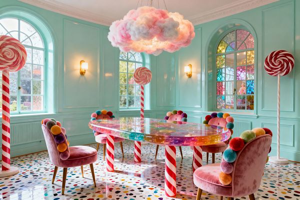 A whimsical dining room in pastel mint green with paneled walls and arched windows. A terrazzo floor dotted with multicolored chips supports an oval, translucent resin table with candy-cane striped legs and two oversized lollipop posts. Blush velvet chairs with rainbow pom-pom backs circle the table under a pink-and-white cloud-like chandelier; brass wall sconces and a rainbow stained-glass window add warm, colorful light.
