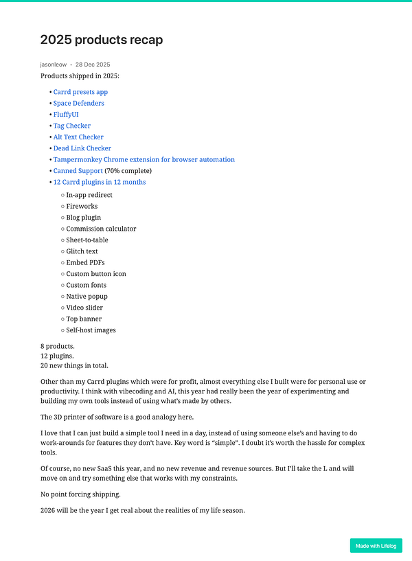 A recap of products and plugins developed in 2025, highlighting personal reflections and future intentions.