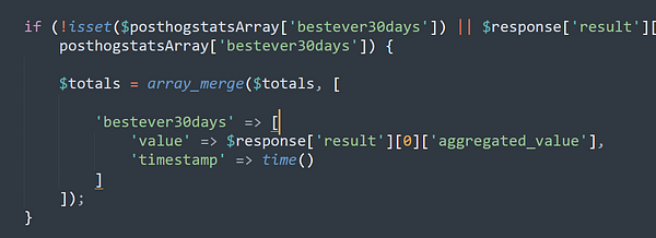 A code snippet written in PHP that checks and merges data related to PostHog statistics.