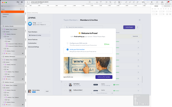 The image displays a design interface for an onboarding modal for a software application called Prose.
