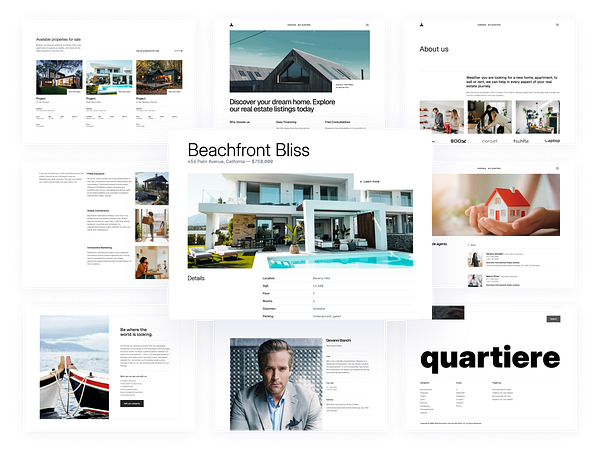 The image displays a collage of real estate website layouts and listings.
