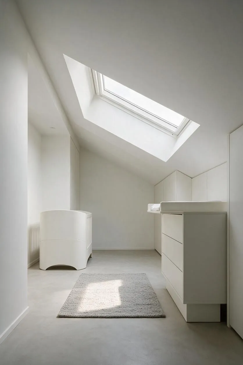 A minimalist nursery in a bright attic-like room with a large skylight centered in the sloped ceiling. The space features white built-in cabinetry, a white changing dresser with drawers, a curved crib or bassinet on the left, and a small soft gray rug on a smooth pale floor.