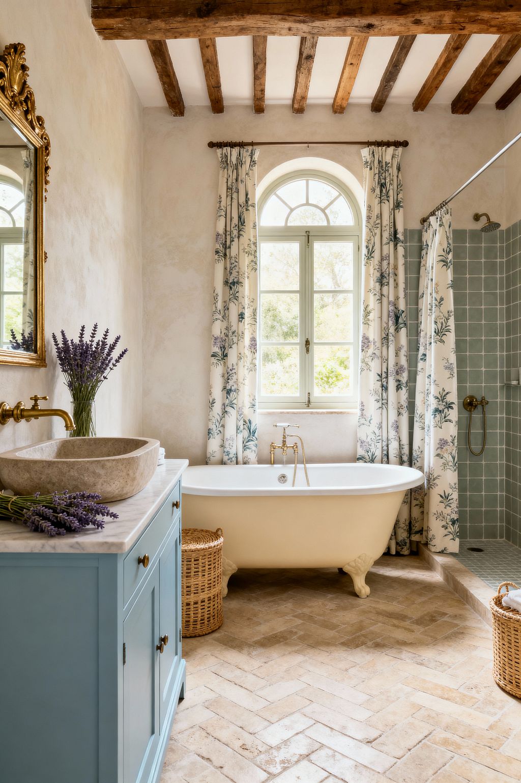 A sunlit French Country bathroom features an arched window with botanical curtains and a cream clawfoot tub centered beneath it. To the left, a powder blue vanity with a white marble top supports a limestone bowl sink, brass wall-mounted faucet, and a gilded mirror with lavender stems on the counter. The floor is tumbled limestone laid in herringbone, exposed wood beams line the ceiling, and a walk-in shower shows sage square tiles with brass fixtures and a curtain.