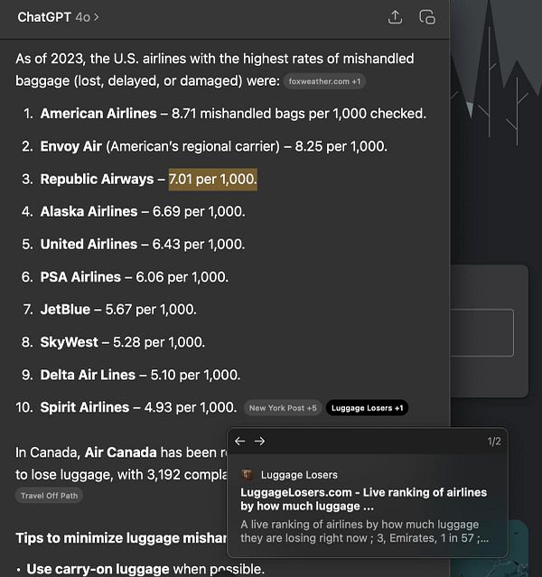 The image displays a list of U.S. airlines ranked by their rates of mishandled baggage in 2023.