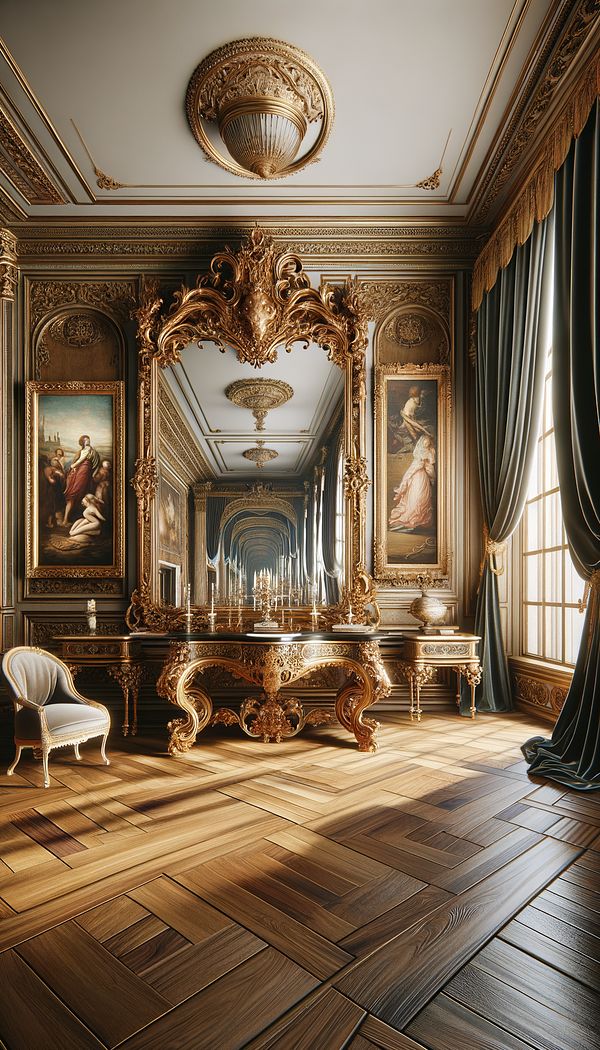 An interior room showcasing French Renaissance design, featuring an ornate gilded mirror, a carved wooden table, sumptuous velvet drapes, and walls adorned with Renaissance art.