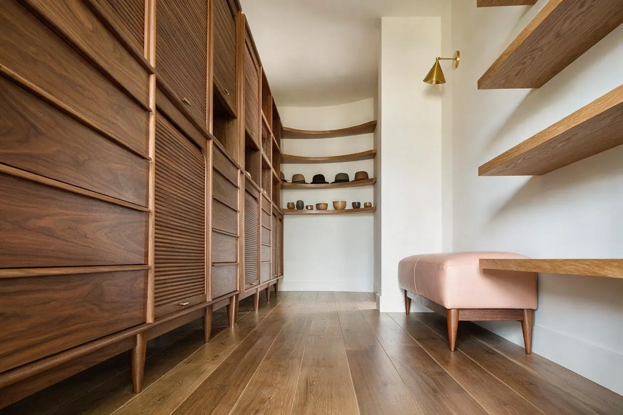 A long walk-in closet features rich walnut cabinetry with tapered legs and mixed slatted and flat-front doors along the left wall. Open wood shelves line the right wall and back niche, with a blush upholstered bench, brass wall sconce, and warm oak floor completing the serene mid-century look.