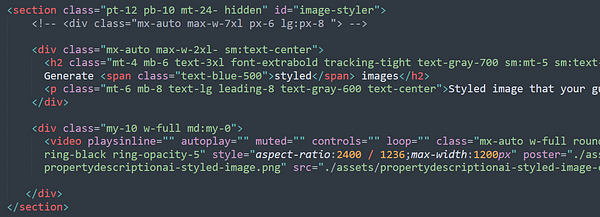 The image displays a section of HTML code for a styled homepage featuring a video element.