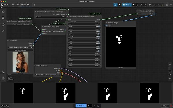 The image displays a user interface for a workflow designed to upscale skin in photos while excluding facial features like eyes and mouth.