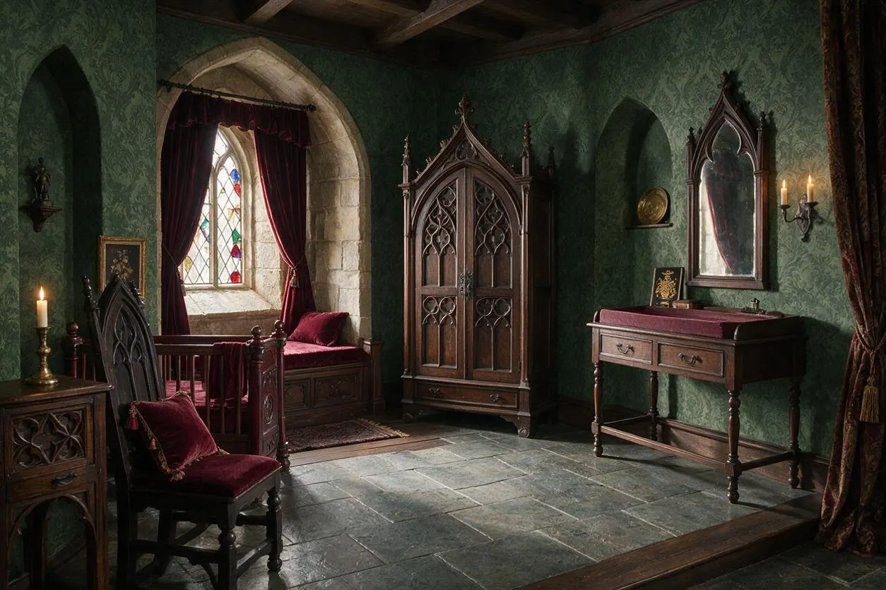 A dark, dramatic nursery with green patterned walls, pointed-arch windows, and rich burgundy velvet accents. The room includes a carved wooden crib, an ornate wardrobe, a gothic chair, a small dresser, and candle-style wall sconces, all set on a stone-tile floor.