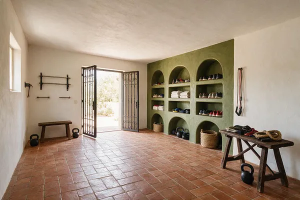 A Mediterranean-style home gym with terracotta tile floors, white plaster walls, and a green built-in storage wall featuring arched cubbies filled with shoes and towels. Rustic wooden benches, kettlebells, resistance bands, and an iron gate-style door opening to daylight complete the simple, airy space.