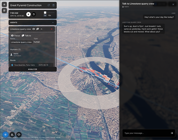 The image displays a simulation interface for a conversation with a limestone quarry crew member during the construction of the Great Pyramid.