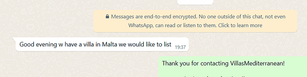 A WhatsApp chat discussing a villa listing request in Malta.